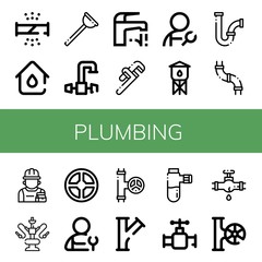 Set of plumbing icons such as Broken pipe, Plumbing, Plunger, Faucet, Pipe wrench, Plumber, Water tower, Pipes, Pipe, Repairman, Water Valve, Leak , plumbing