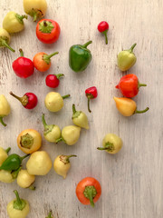 colorful fresh peppers on a wooden table