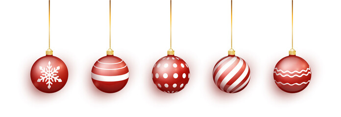 Red Christmas tree toy set isolated on white background. Stocking Christmas decorations. Vector object for christmas design, mockup. Vector realistic object Illustration.