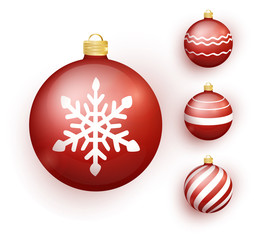 Red Christmas ball set with snow effect. Stocking Christmas decorations. Red Christmas tree toy set isolated . Xmas glass ball on transparent background