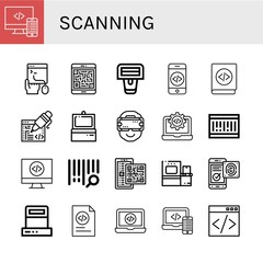 Set of scanning icons such as Code, Coding, Qr code, Barcode scanner, Scanner, Ar glasses, Barcode, Bar code, Fingerprint identification , scanning