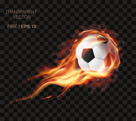 Realistic vector soccer ball on fire and  logo for football club, badge template - obrazy, fototapety, plakaty