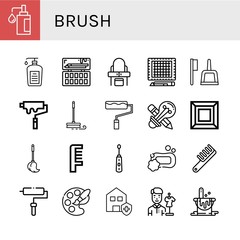 Set of brush icons such as Soap, Liquid soap, Painting palette, Dressing table, Cutting mat, Brush, Paint roller, Mop, Creative design, Art, Comb, Electric toothbrush , brush
