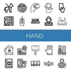 Set of hand icons such as Guide dog, Blueprint, Thai food, Plant, Give, Conveyor, Laundry, Prisoner, Red card, Soap, Gloves, Website, Mobile payment, Painting brush, Robot , hand