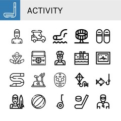 Set of activity icons such as Golf stick, Swimmer, Golf cart, Waterpark, Round up ride, Sneakers, Ice hockey, Thermo bag, Cyclist, Swimming pool, Ecg, Slide, Stationary bike , activity