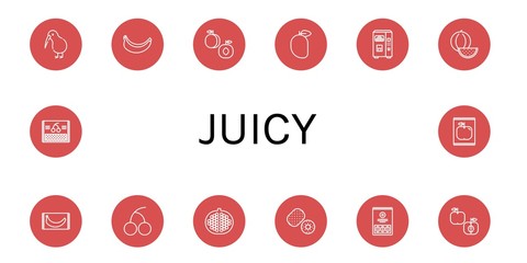 Set of juicy icons such as Kiwi, Banana, Peach, Mango, Juice, Watermelon, Cherry, Pomegranate, Apple , juicy