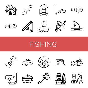 Set of fishing icons such as Mammoth, Fishbone, Worm, Fishing rod, Inflatable boat, Galleon, Fishing, Marlin, Shark, Hook, Dive, Jet ski, Oyster, Net, Camping, Surfer ,