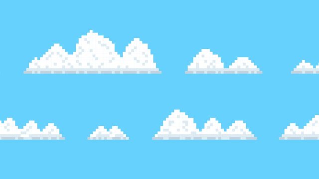 Old School 2D Retro Arcade Video Game Moving Clouds on a Blue Sky. 4K resolution.