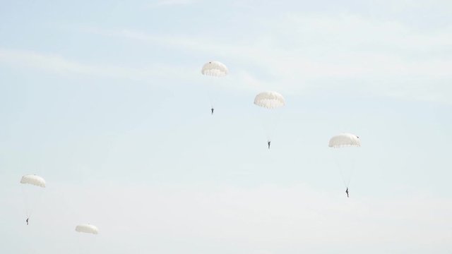 A group of parachutists with white parachutes flying in the sky