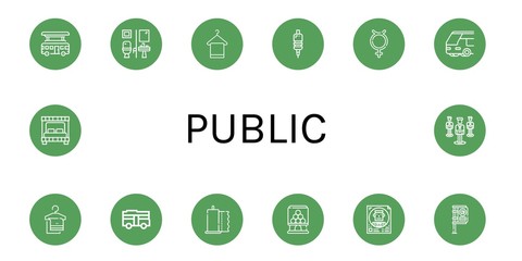 Set of public icons such as Bus, Restroom, Towel, Grip, Hermaphrodite, Paper towel, Candy machine, Politician, Bus stop, Bed, Group , public