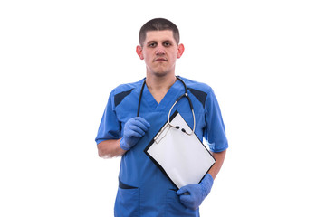 Portrait of male medical doctor with stethoscope pointing to a blank empty clip file with space.