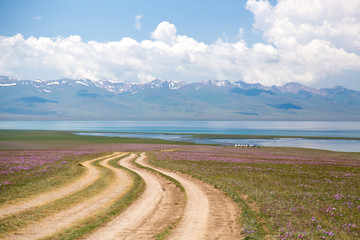 Road to Song kol lake - landscape of high plateau in Kyrgyzstan