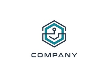 Abstract geometric hexagon technology logo design vector template with network connection line