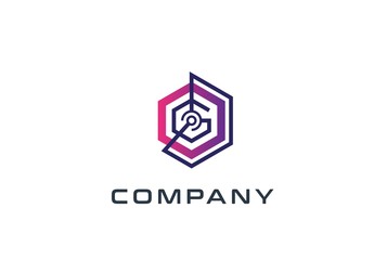 Abstract geometric hexagon technology logo design vector template with network connection line
