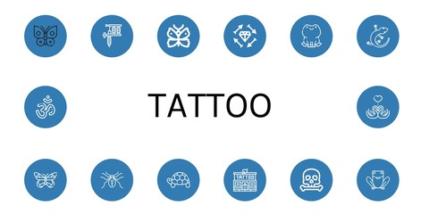 Set of tattoo icons such as Butterfly, Tattoo machine, Boho, Frog, Lizard, Spider, Turtle, Tattoo studio, Skull, Om, Swans ,