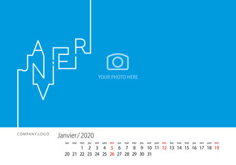 2020 New Desk Calendar French language January line design template blue background