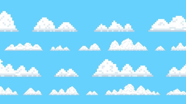 Old School 2D Retro Arcade Video Game Moving Clouds on a Blue Sky. 4K resolution.