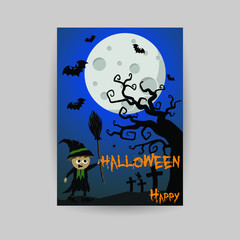 Wizard Happy Halloween Night greeting card for holiday party templates. Funny cartoon characters, moon, bats, vector illustration for poster, invitation, t-shirt prints, banners