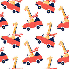 Cute seamless pattern for kids. Funny yellow giraffes rush by cars.