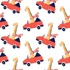 Fototapete Tiere im Transport Nettes nahtloses Muster für Kinder. Lustige gelbe Giraffen eilen durch Autos.