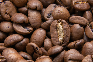 Coffee beans background / texture of coffee beans / side view. macro photo