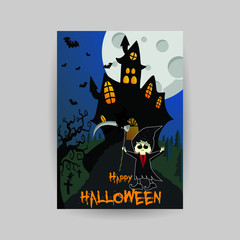 Happy Halloween Night greeting card for holiday party templates. Funny cartoon characters, moon, bats, vector illustration for poster, invitation, t-shirt prints, banners