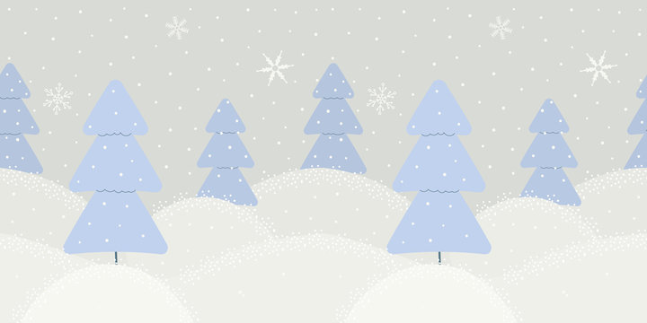 Cute minimalist winter border on pale grey background with snowflakes and Christmas trees or blue spruces. Texture for decoration greeting cards for Christmas or New Year, websites,showcases. Vector