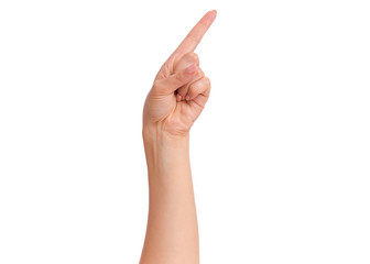 Female hand pointing something, isolated on white background. Beautiful hand close-up of woman with copy space. Finger pointing way.