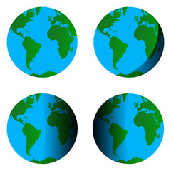 Earth Globe with American, African and Europe continent. Four type with different shadow for your logo,brand, web. Green and blue vector elements illustration isolated on white background