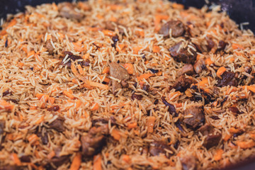 Assorted Uzbek food set, pilaf, samsa, lagman, manta, shurpa Uzbek restaurant concept, Uzbek