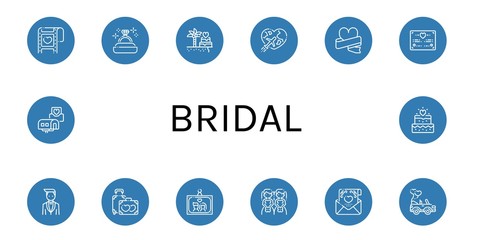 Set of bridal icons such as Wedding, Diamond ring, Honeymoon, Wedding certificate, Groom, Wedding photo, Brides, invitation, car , bridal