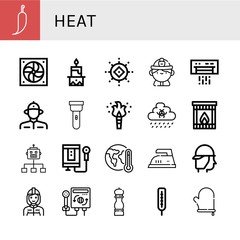 Fototapeta premium Set of heat icons such as Hot pepper, Fan, Candle, Sun, Firefighter, Air conditioner, Torch, Rain, Fireplace, Flow, Water heater, Global warming, Iron, Heater, Pepper, Thermometer , heat