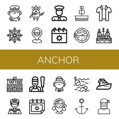 Set of anchor icons such as Captain, Helm, Pirate, Sea, Summer, Galleon, Boat porthole, Hawaiian, Pirate ship, Tattoo studio, Sailing, Sailor, Beach, Anchor, Yatch , anchor