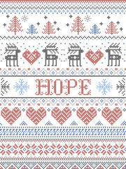 Hope Christmas vector pattern with Scandinavian Nordic festive winter pattern in cross stitch with heart, snowflake, Christmas tree, reindeer, forest, star, snowflakes in white,red, gray, blue