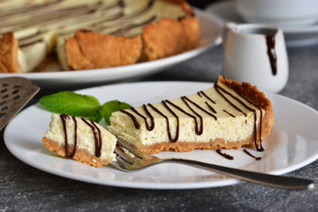 Cheesecake slice on a white plate. Close-up