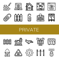 Set of private icons such as Brickwall, Do not disturb, Hack, Fence, Wooden house, Locker, Hacker, Password, Padlock, Small plane, Lock , private