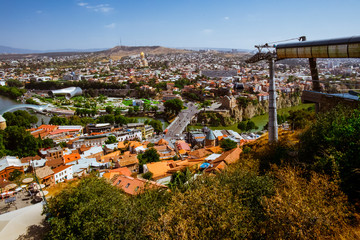 Top view of the city of Tbilisi in Georgia. Near the funicular. Sunny and hot day in September.