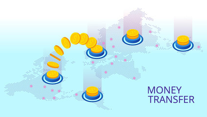 Isometric technology online banking money transfer, e-commerce concept. Mobile payments, mobile banking.