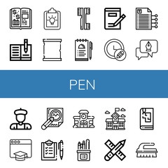 Set of pen icons such as Finance book, Notebook, Clipboard, Paper scroll, Brushes, Notes, Writing, Pencil, Fountain pen, Artist, Education, Contract, Checklist, School, Pencil box , pen