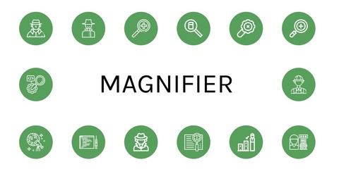 Set of magnifier icons such as Detective, Search, Discovery, Code injection, Forecast, Review, Archaeologist , magnifier