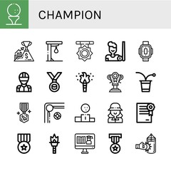 Set of champion icons such as Golf ball, Success, Punching ball, Medal, Billiard, Kneepad, Racer, Torch, Trophy, Beer pong, Podium, Golfer, Certificate, Punching bag , champion