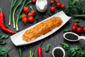 Assorted Uzbek food set, pilaf, samsa, lagman, manta, shurpa Uzbek restaurant concept, Uzbek