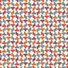 Repeated creative puzzle mosaic abstract background. Seamless surface pattern design with simple geometric ornament.