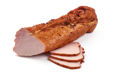 Sliced smoked pork loin, pork meat, isolated on white background