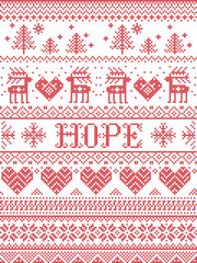 Hope Christmas vector pattern with Scandinavian Nordic festive winter pattern in cross stitch with heart, snowflake, Christmas tree, reindeer, forest, star, snowflakes in white,red,