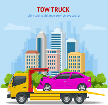 Tow truck, roadside assistance . Tow truck for transportation faults and emergency cars. The tow truck picks up the car on the penalty area.