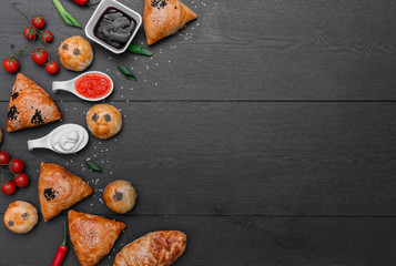 Assorted Uzbek food set, pilaf, samsa, lagman, manta, shurpa Uzbek restaurant concept, Uzbek