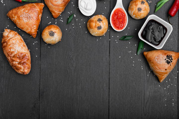 Assorted Uzbek food set, pilaf, samsa, lagman, manta, shurpa Uzbek restaurant concept, Uzbek