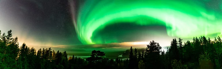 Poster Panoramic view of Strong Northern Lights and atmospheric phenomenon 'STEVE' meets Milky Way. Steve appears as a purple and green light ribbon at height of 450 km. Northern Sweden Scandinavia © Alexandre Patchine