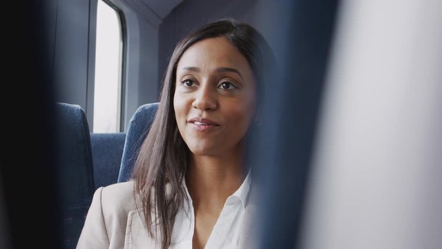 Businesswoman And Businessman Commuting To Work Talking In Train Carriage